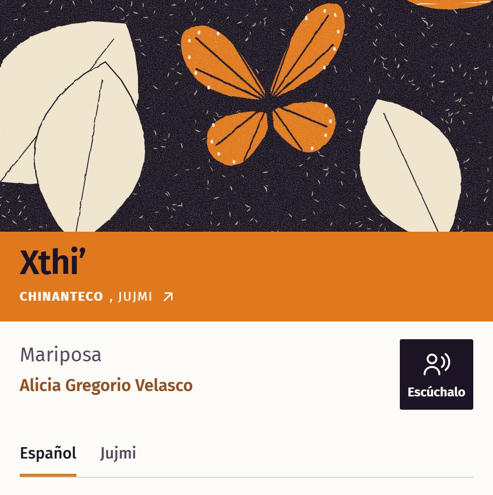 Ficha del poema Xthi’, Mariposa, en jujmi, de Alicia Gregorio Velasco, con una mariposa naranja entre hojas.