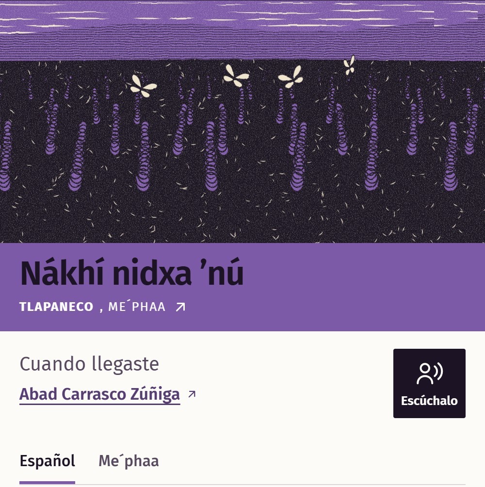 Ficha del poema Nákhí nidxa ’nú, Cuando llegaste, en tlapaneco, de Abad Carrasco Zúñiga, con mariposas sobre un campo morado.