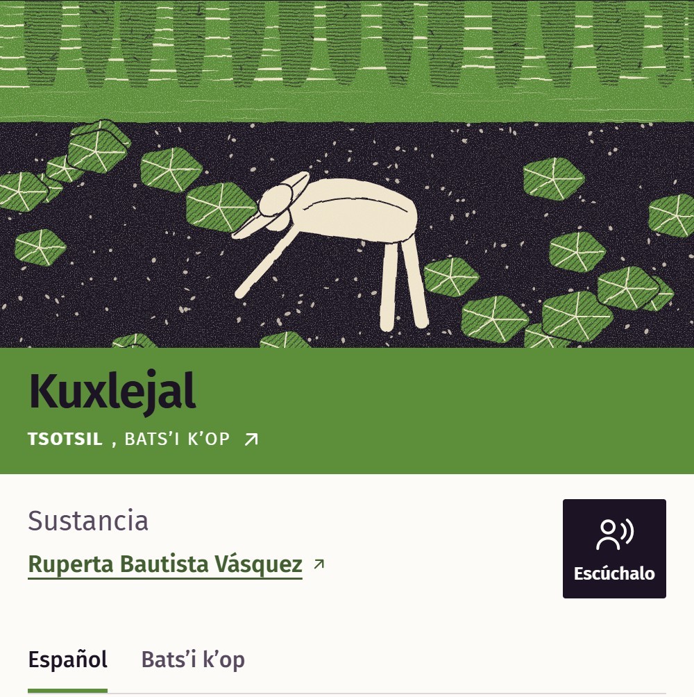 Ficha del poema Kuxlejal, Sustancia, en tsotsil, de Ruperta Bautista Vásquez, con una figura que se inclina entre hojas verdes.