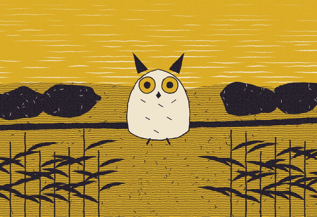 Estampa de ViverOS, un búho sobre campo amarillo.
